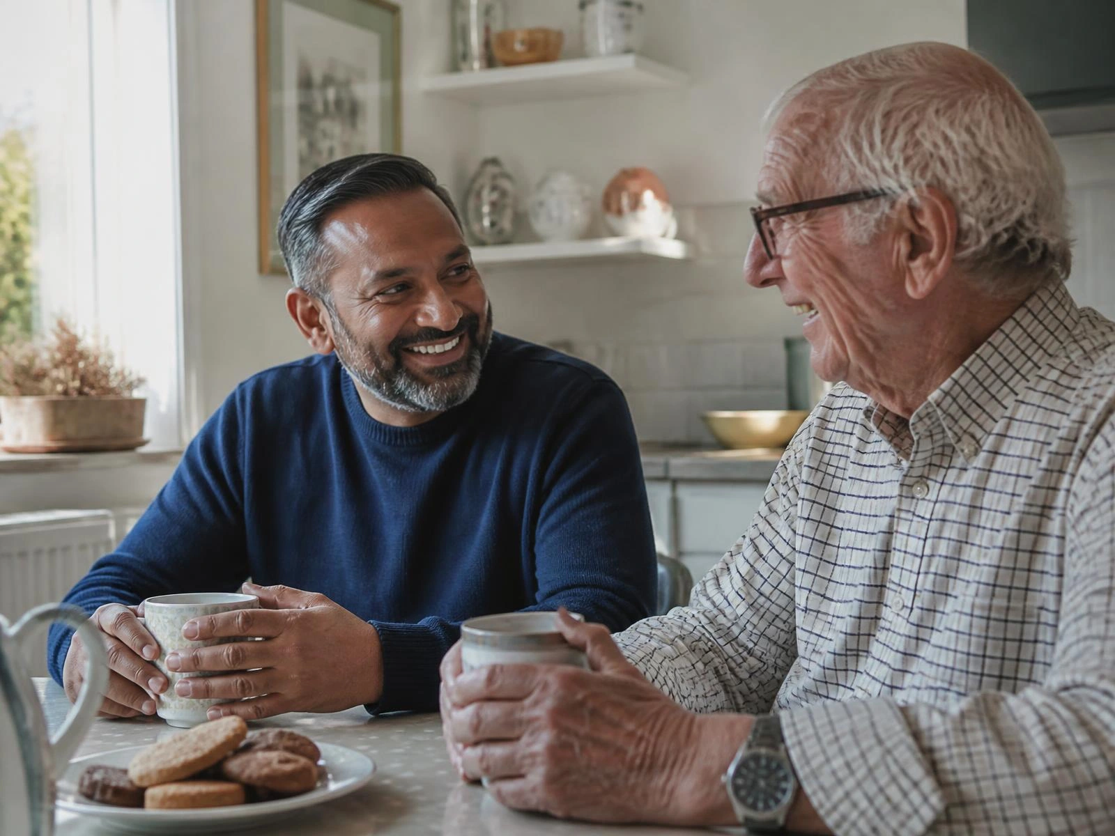 A support worker and older man in friendly conversation