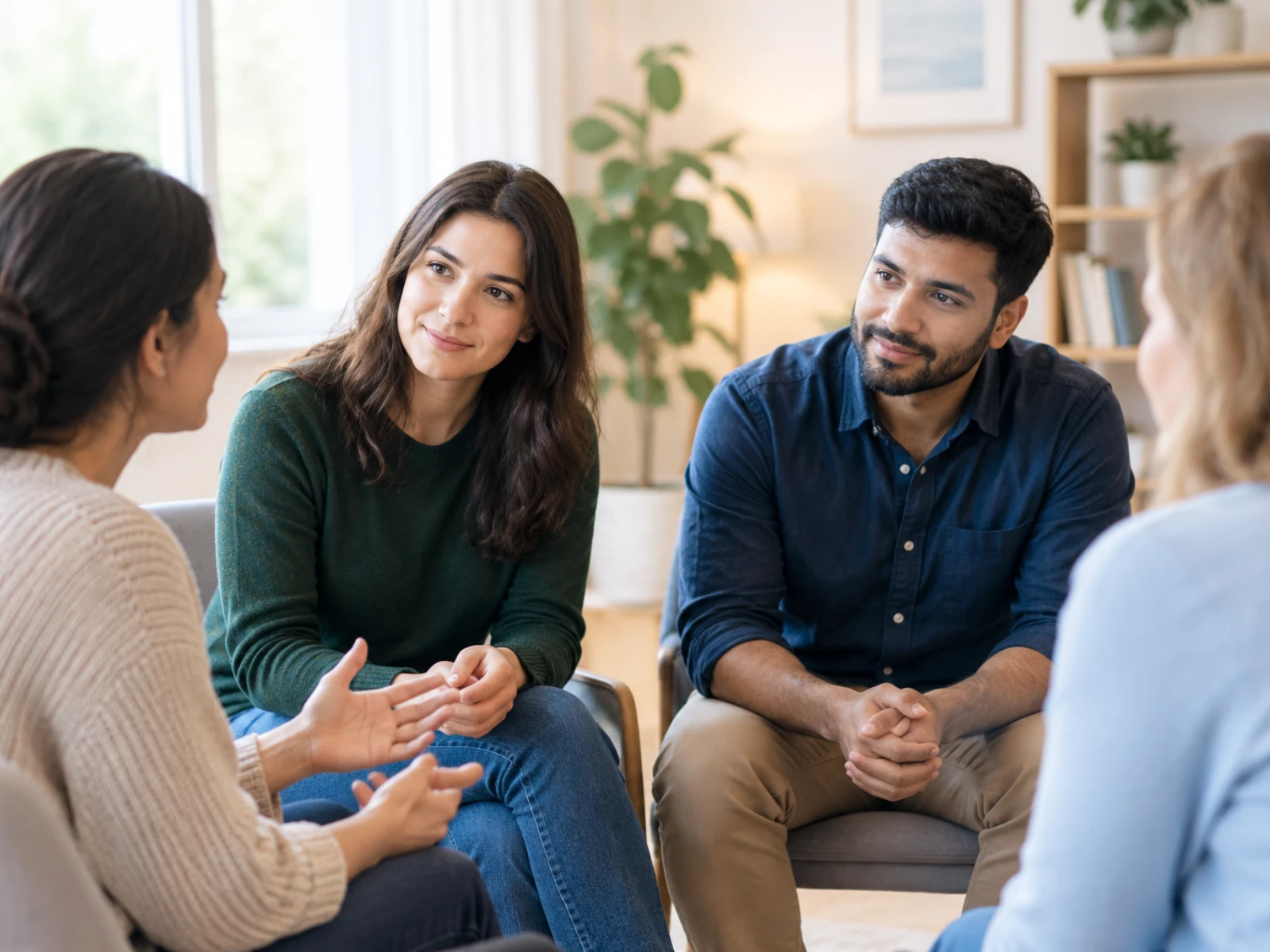 A supportive peer group having a confidential and open conversation in a comfortable setting